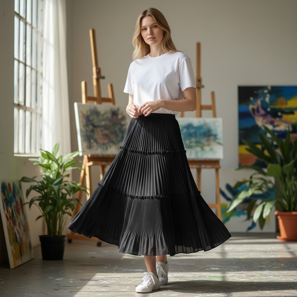 Dazy Pleated Tiered Maxi Skirt Womens Small Black Excellent Elastic Waist Boho - Picture 1 of 6